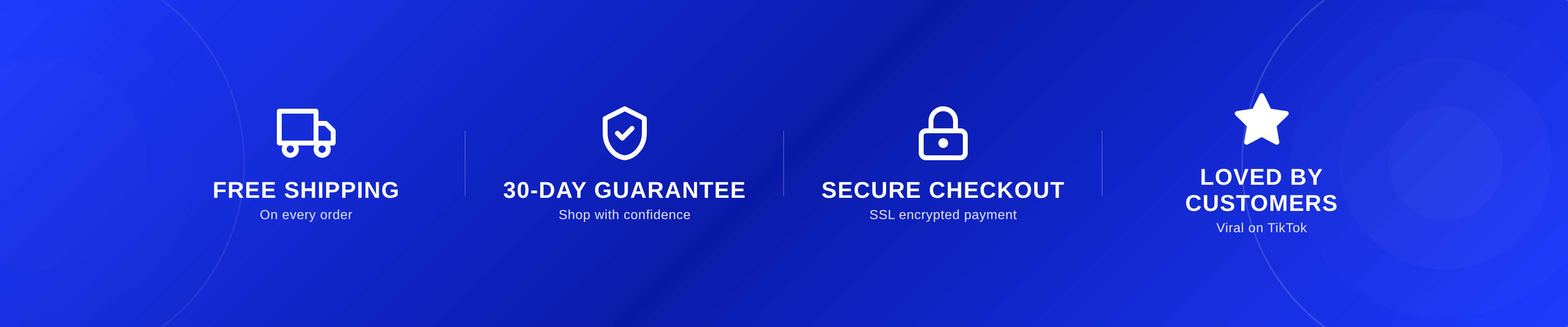 Set of icons and text on a blue background, representing free shipping, 30-day guarantee, secure checkout, and customer love.